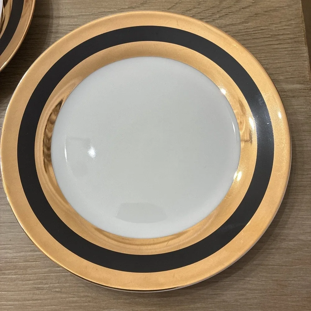I. Godinger & Co Black & Gold Stripe Porcelain Dessert Plates Set of 4